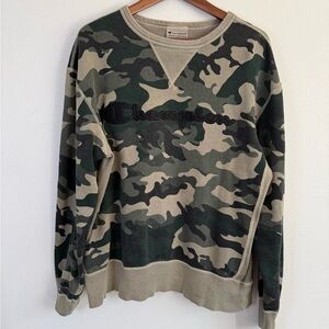 Champion Camo Crewneck Sweatshirt Logo Spellout Green Oversized L